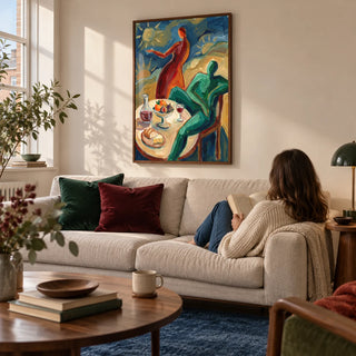 Dining Scene Wall Art, framed on the wall of a relaxed contemporary living room in a UK flat with warm white walls