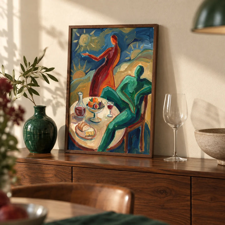 Dining Scene Wall Art, a small A4 framed print leaning on a walnut dining-room sideboard