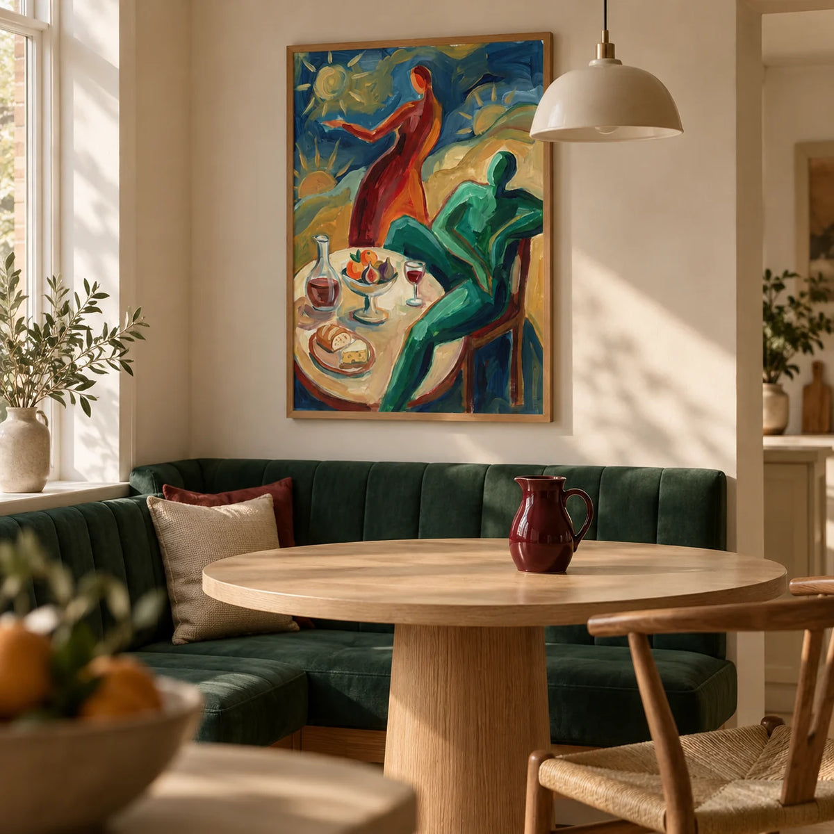 Dining Scene Wall Art, framed on the wall of a small open-plan dining nook in a UK first home with warm cream walls and a built-in emerald green upholstered banquette