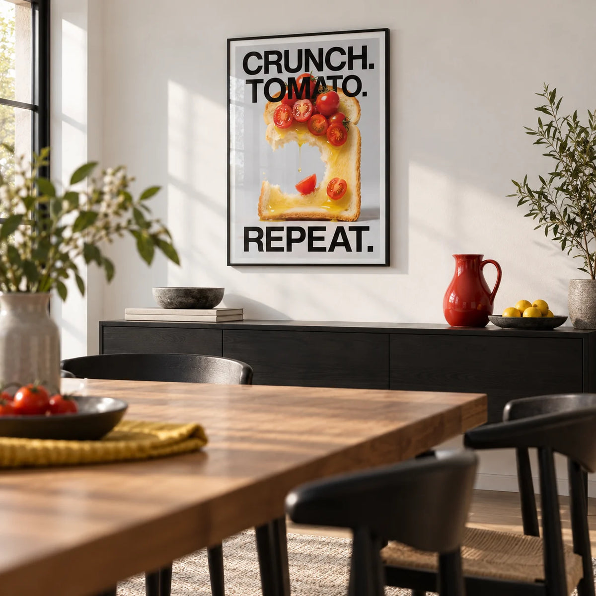 Dining Table Wall Art, framed on the wall of a bright modern dining room with a white wall