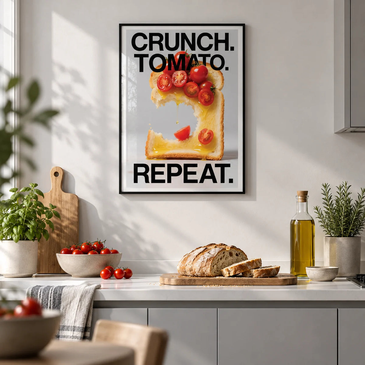 Dining Table Wall Art, framed on the wall of a modern kitchen with plain pale grey units and a white worktop
