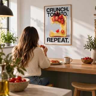 Dining Table Wall Art, framed on the wall of an open-plan kitchen with a white wall