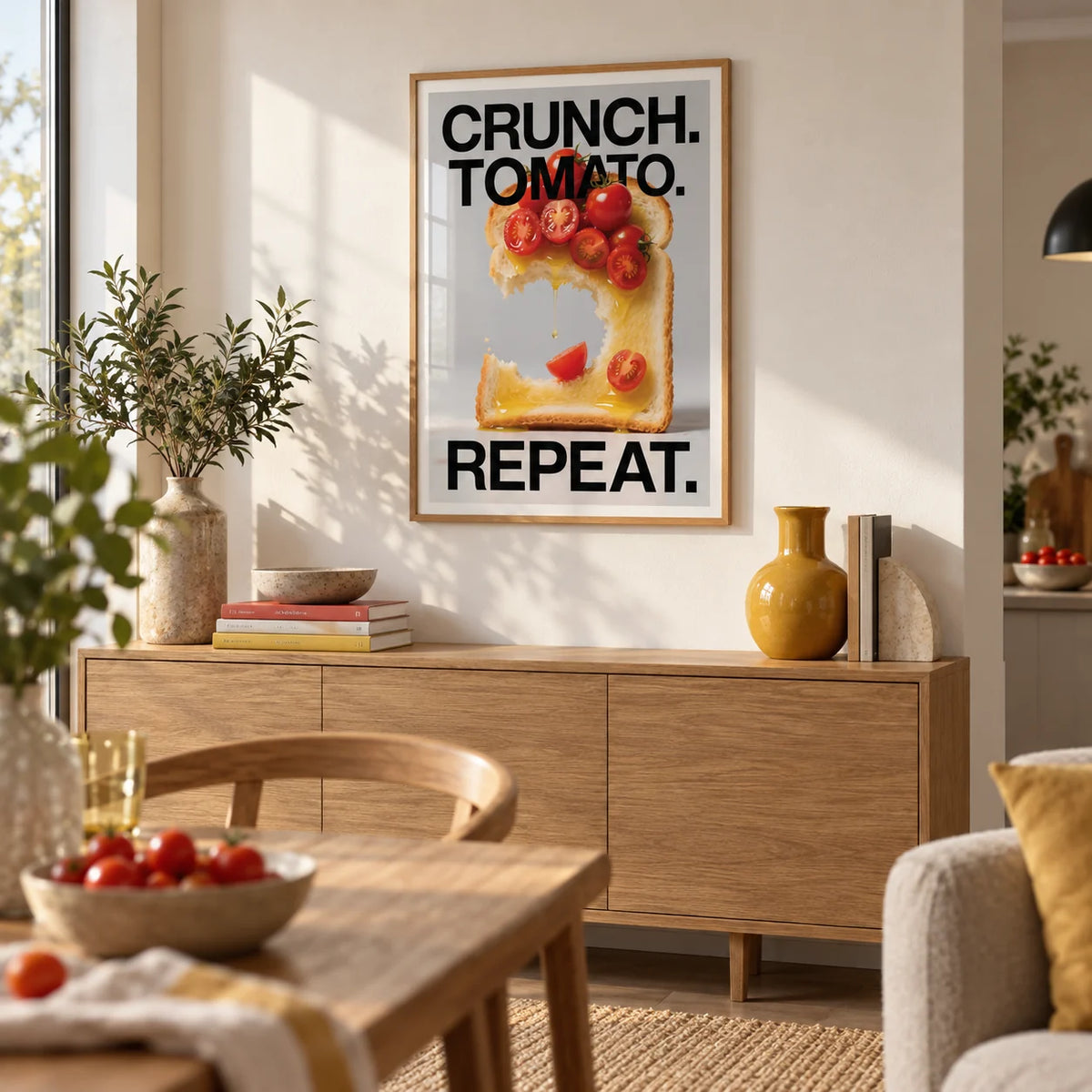 Dining Table Wall Art, framed on the wall of an open-plan living space with a warm white wall in a living room