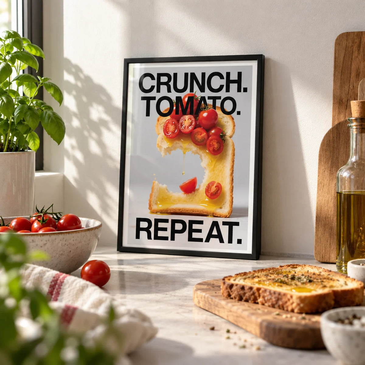 Dining Table Wall Art, a small A4 framed print leaning on a kitchen worktop