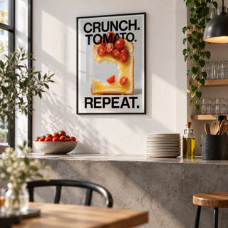 Dining Table Wall Art, framed on the wall of a small modern brunch cafe with a plain white wall and a grey concrete counter in a kitchen