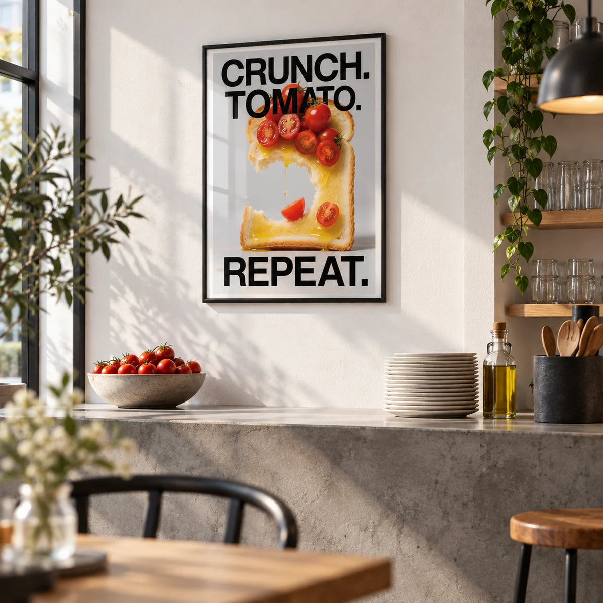 Dining Table Wall Art, framed on the wall of a small modern brunch cafe with a plain white wall and a grey concrete counter in a kitchen