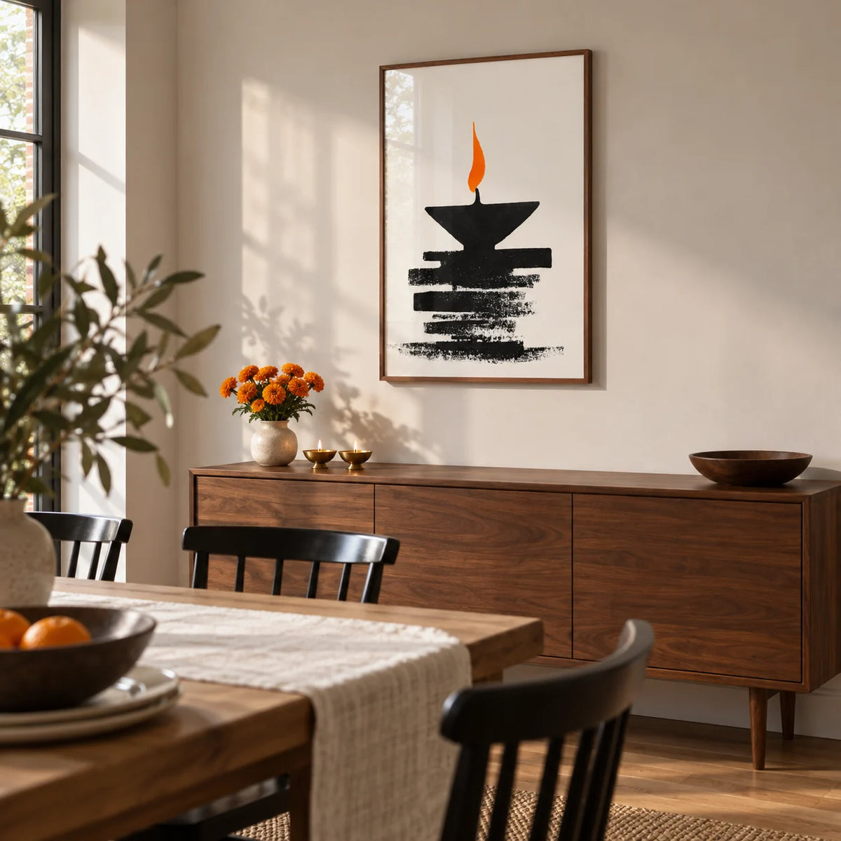 Diwali Diya Lamp Print, framed on the wall of a contemporary dining room in a UK family home with a pale warm grey wall