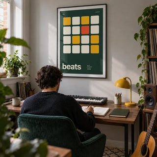 Dj Poster, framed on the wall of a compact home music studio in a converted UK spare room in a home office