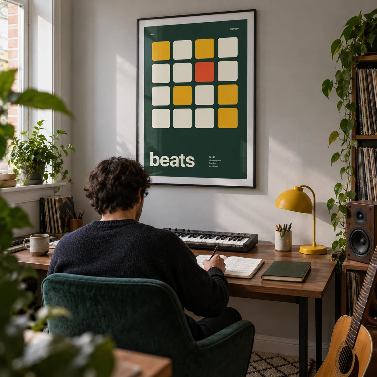 Dj Poster, framed on the wall of a compact home music studio in a converted UK spare room in a home office