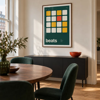 Dj Poster, framed on the wall of a crisp modern dining area in a UK city flat