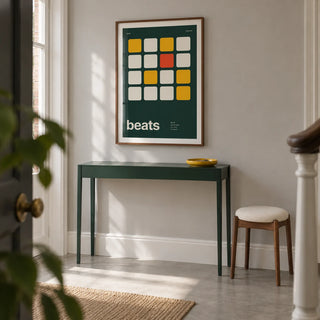 Dj Poster, framed on the wall of a design-led entrance hallway in a UK terraced home
