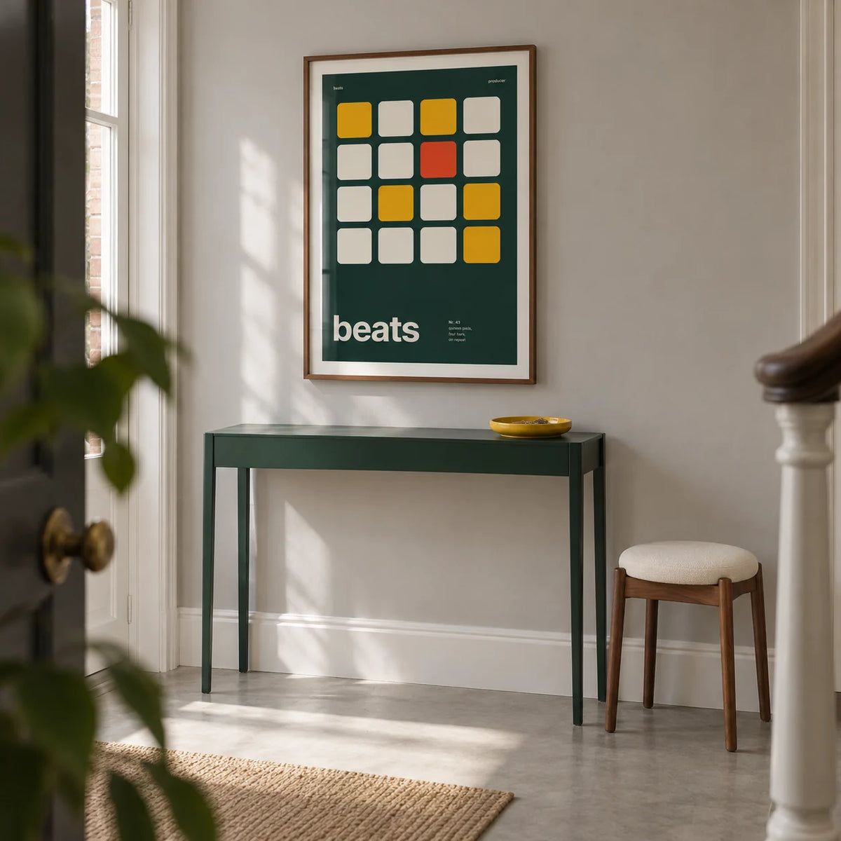 Dj Poster, framed on the wall of a design-led entrance hallway in a UK terraced home