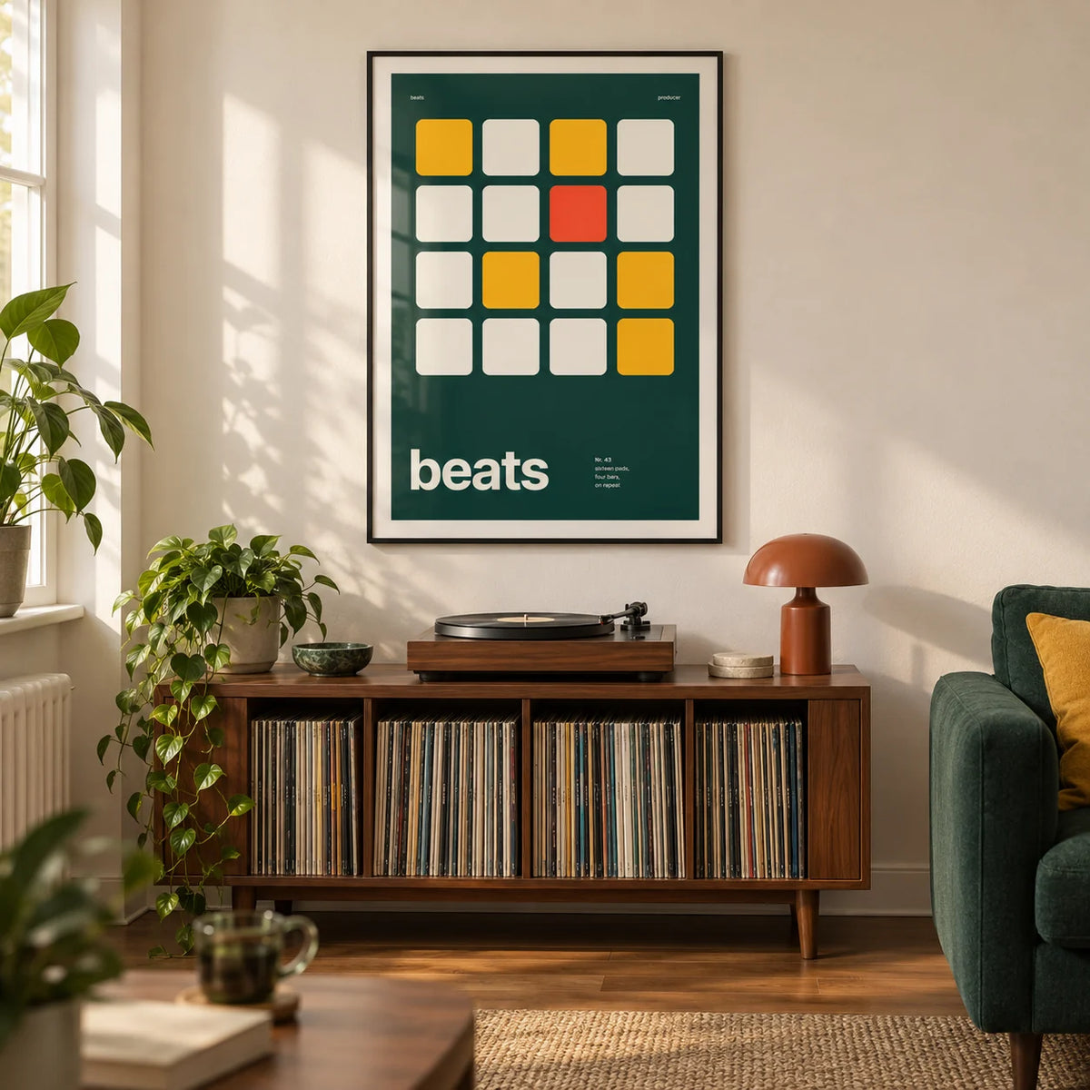 Dj Poster, framed on the wall of a modern listening living room in a UK first flat (22-30)