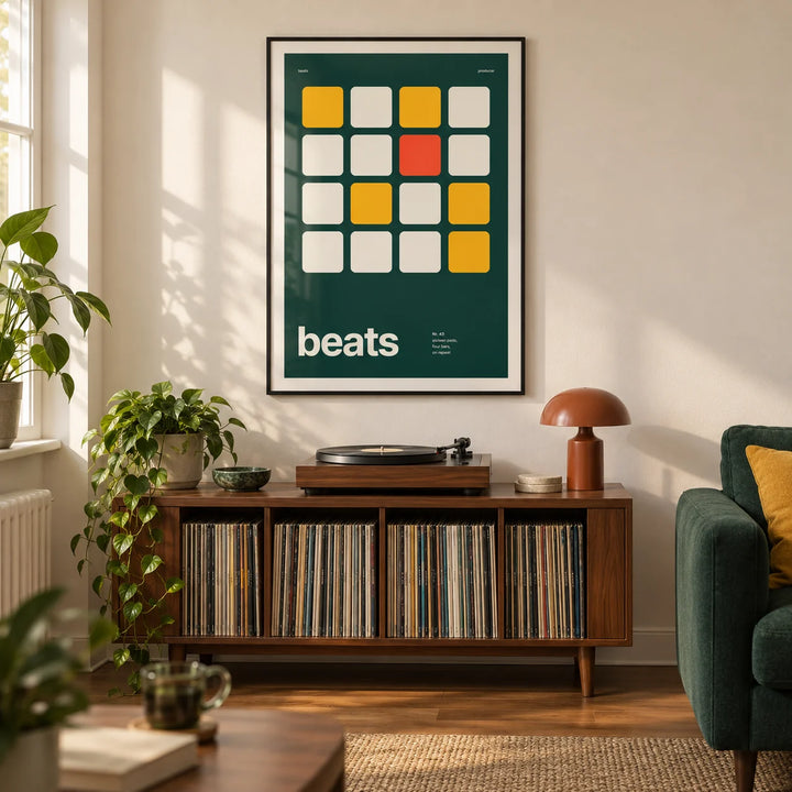 Dj Poster, framed on the wall of a modern listening living room in a UK first flat (22-30)