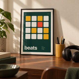 Dj Poster, a small A4 framed print leaning on a walnut desk