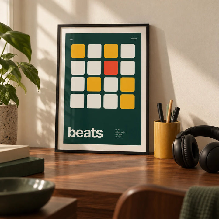Dj Poster, a small A4 framed print leaning on a walnut desk