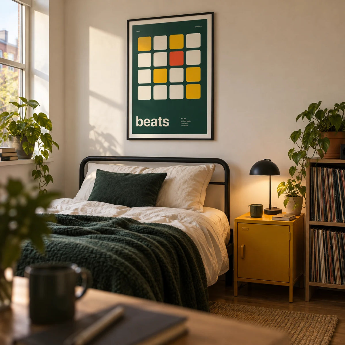 Dj Poster, framed on the wall of a young adult music fan's single bedroom (18-25) in a UK house share