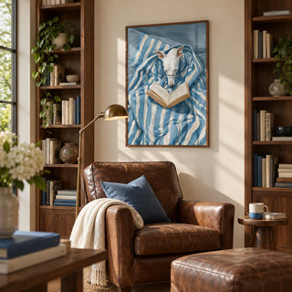 Dog Reading Print, framed on the wall of a home library with walnut bookshelves in a living room