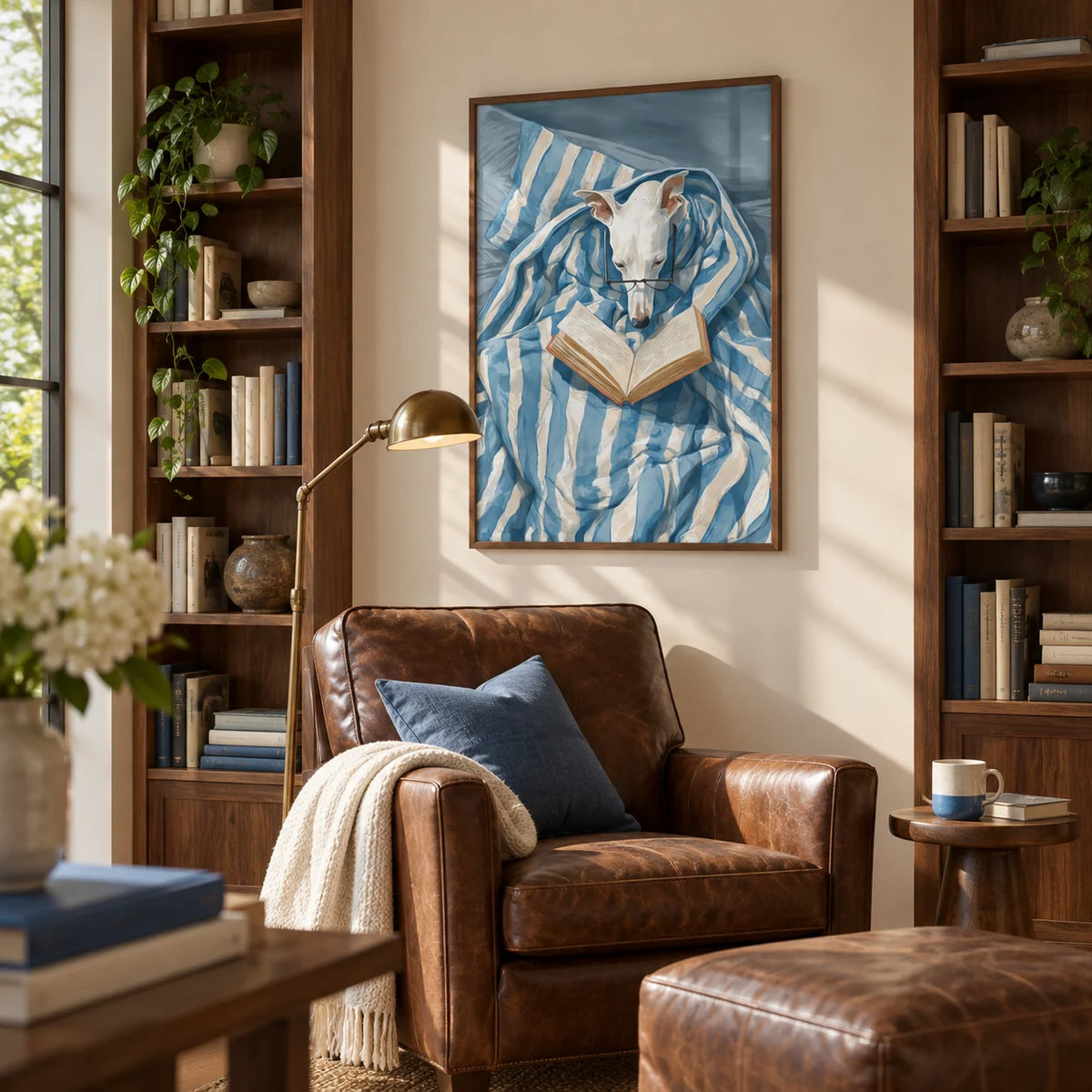 Dog Reading Print, framed on the wall of a home library with walnut bookshelves in a living room