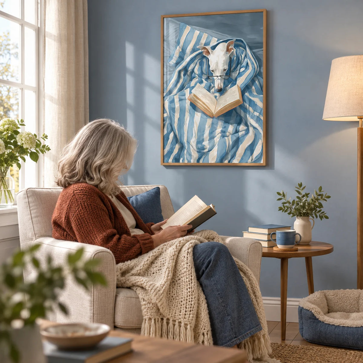 Dog Reading Print, framed on the wall of a reading nook by a window with a soft blue painted wall in a living room
