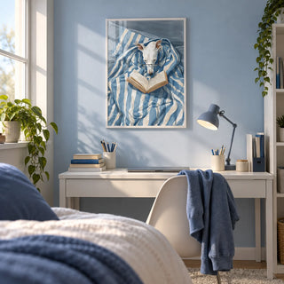 Dog Reading Print, framed on the wall of a tidy teenage bedroom (13-17) with a pale blue wall