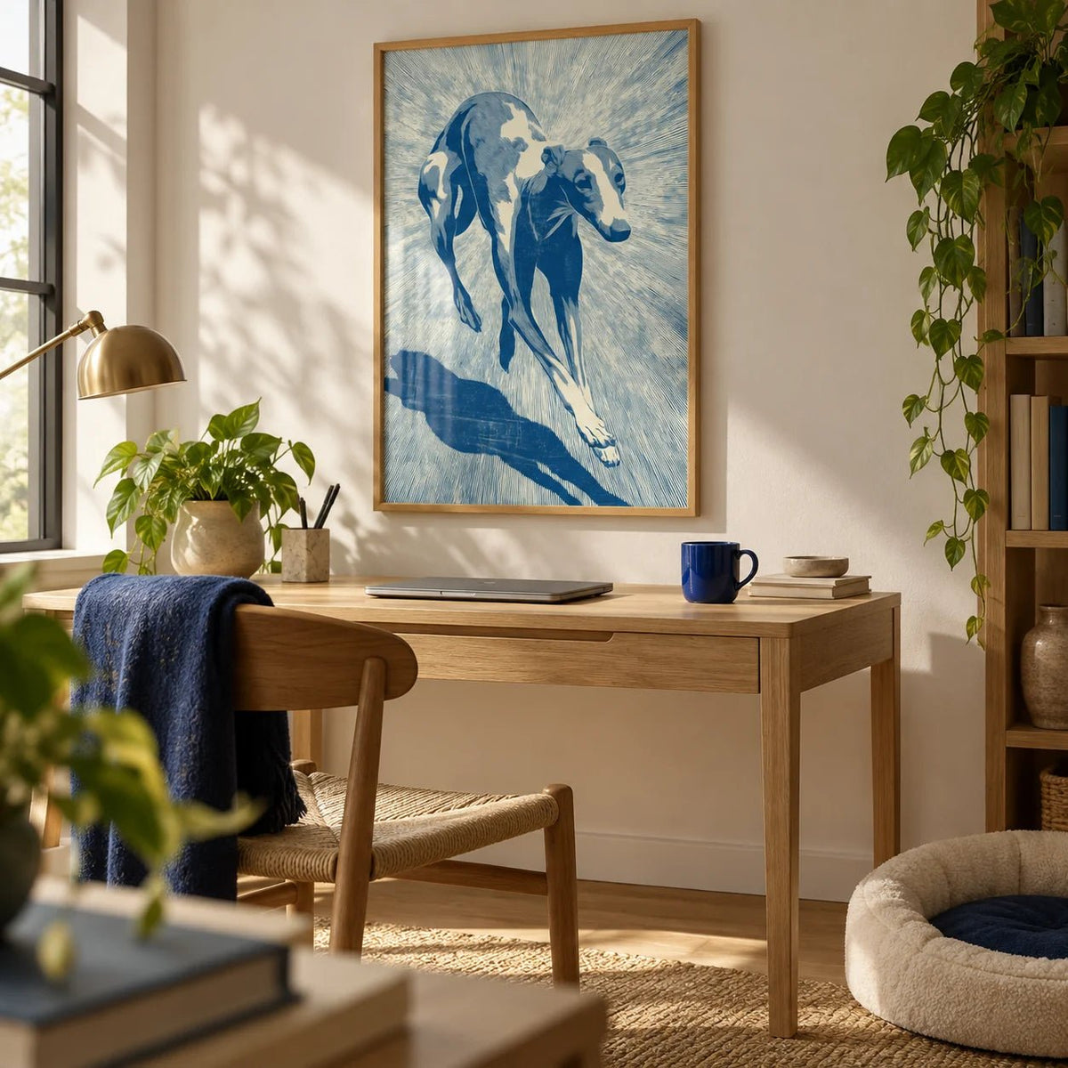 Dog Wall Art, framed on the wall of a calm home office