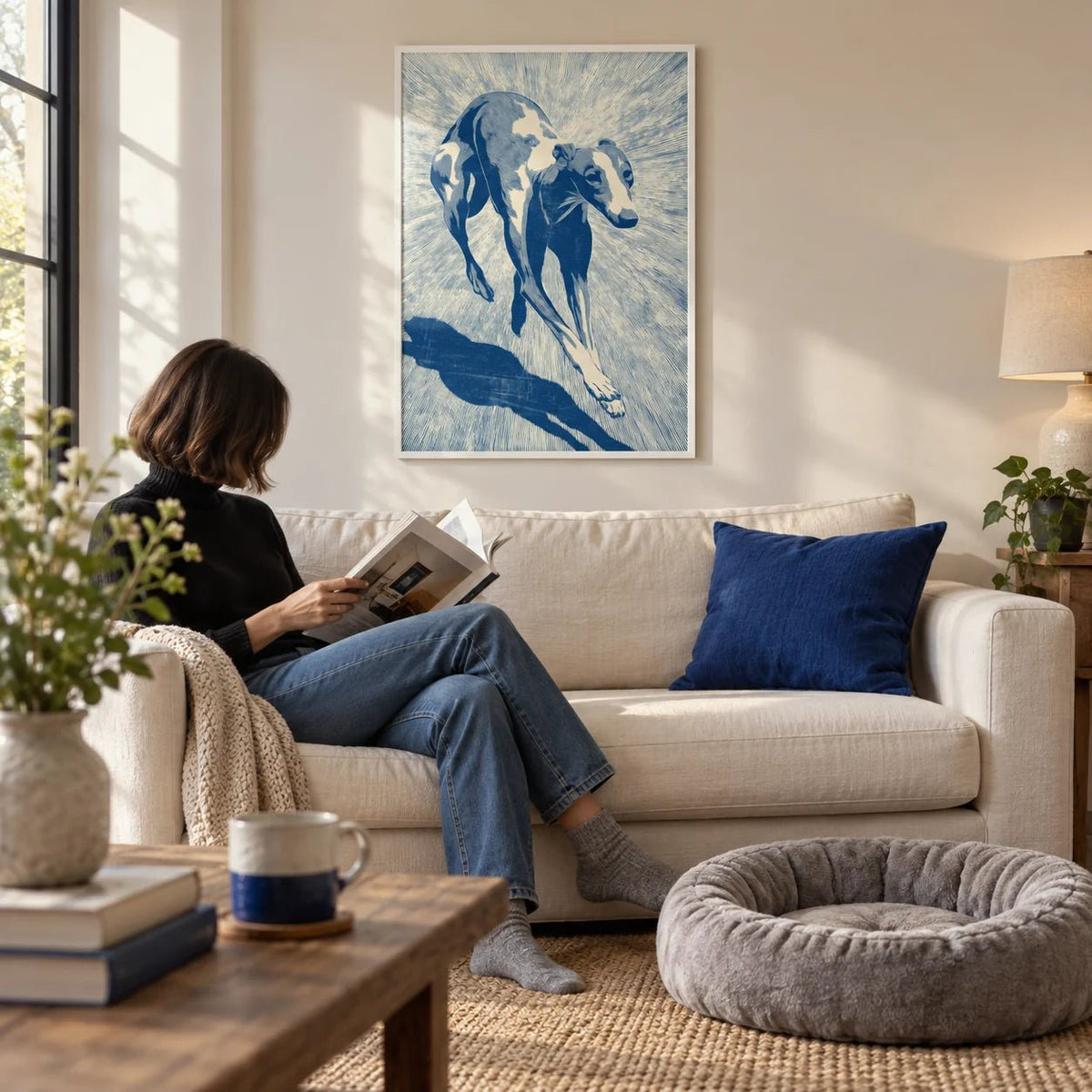Dog Wall Art, framed on the wall of a calm living room