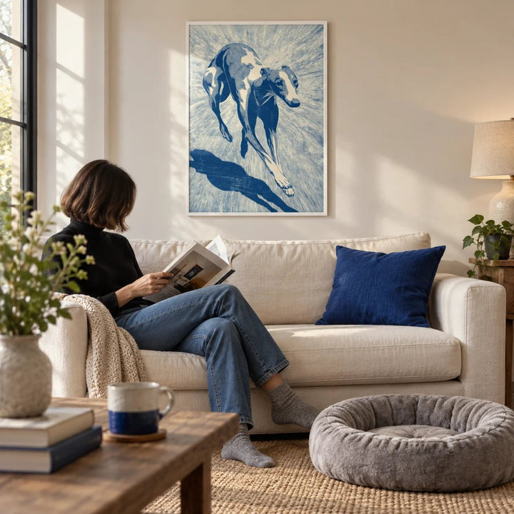 Dog Wall Art, framed on the wall of a calm living room