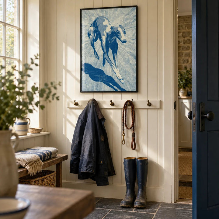 Dog Wall Art, framed on the wall of a country boot room with cream painted tongue-and-groove panelling in a hallway