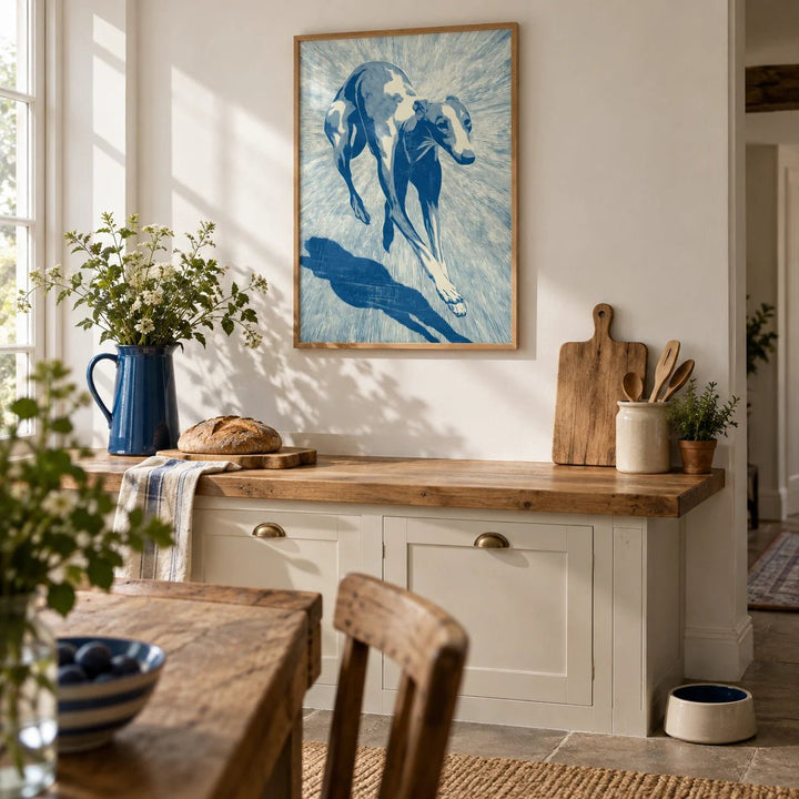 Dog Wall Art, framed on the wall of a modern farmhouse kitchen with a white wall