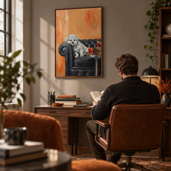 Dog with Human Face, framed on the wall of a characterful study with a warm grey wall