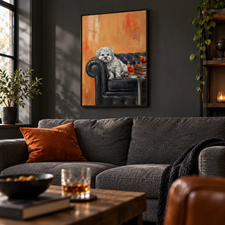 Dog with Human Face, framed on the wall of a cosy man cave with a charcoal wall in a living room