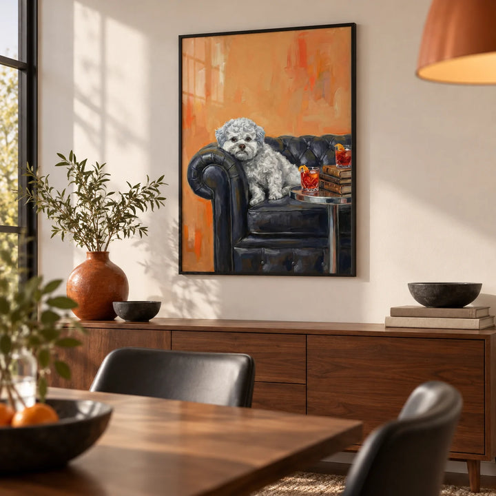 Dog with Human Face, framed on the wall of a modern dining room with a warm white wall