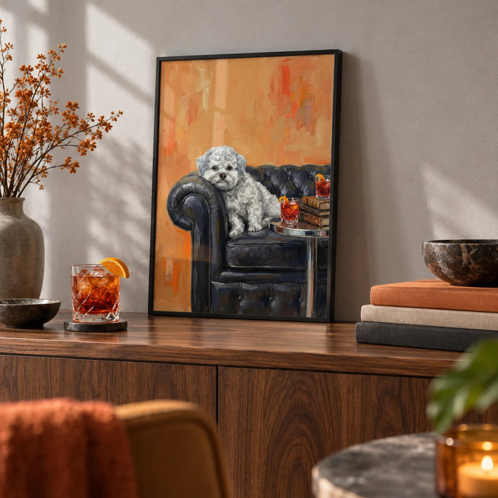Dog with Human Face, a small A4 framed print leaning on a walnut sideboard in a living room