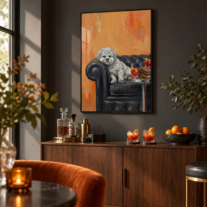 Dog with Human Face, framed on the wall of a warm home bar corner with a dark grey wall in a living room