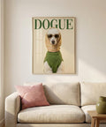 Framed artwork of a dog wearing a green sweater and yellow basket on a wall above a beige sofa.