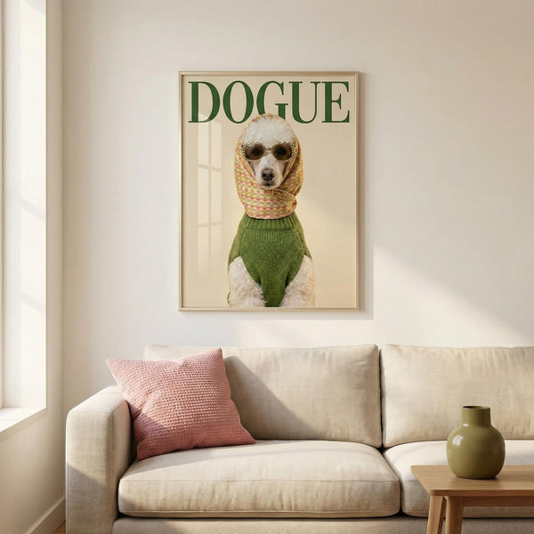Framed artwork of a dog wearing a green sweater and yellow basket on a wall above a beige sofa.