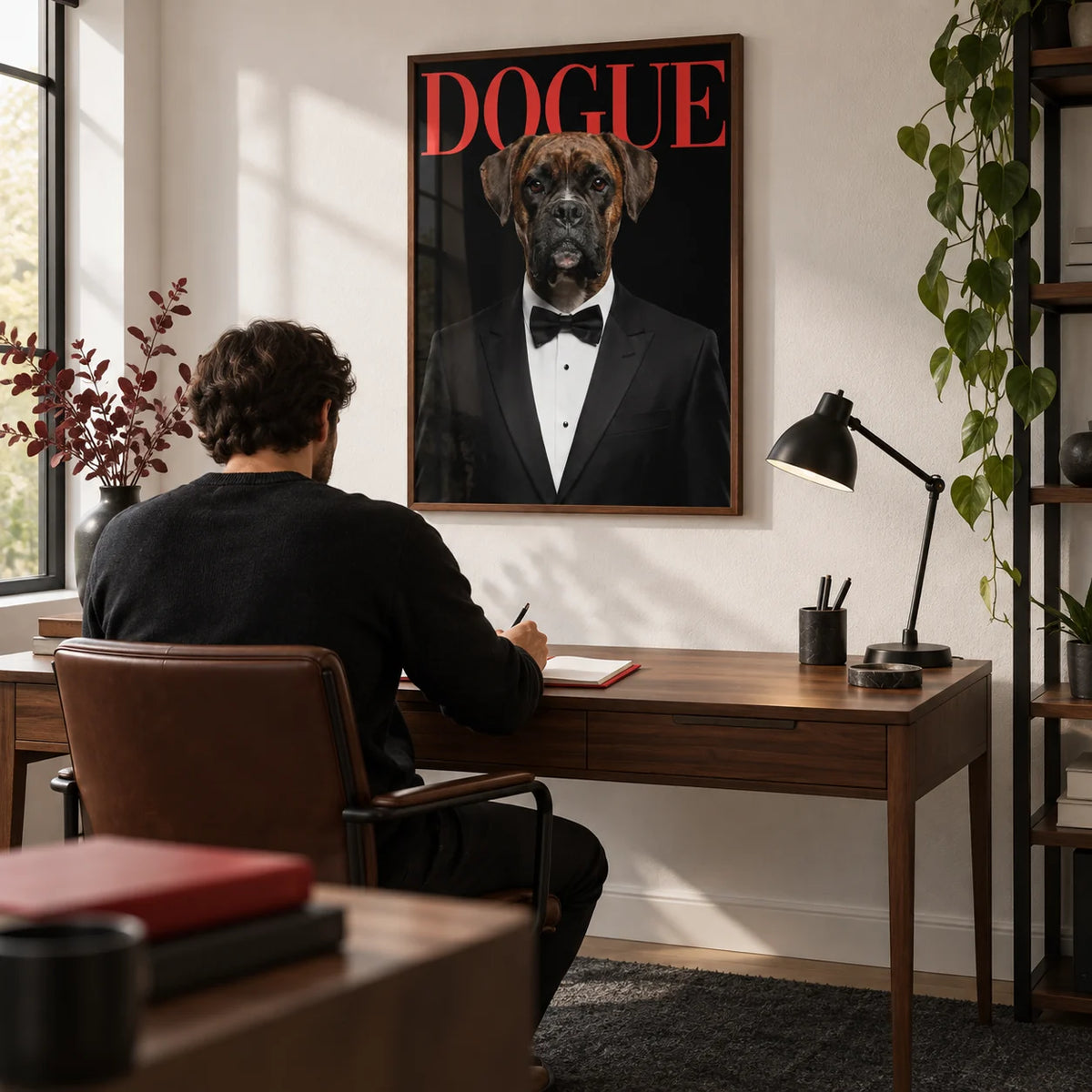 Dogue Poster, framed on the wall of a contemporary home study with a white wall and a plain charcoal rug