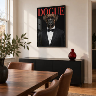 Dogue Poster, framed on the wall of a modern dining room in a UK maisonette with a warm white wall and oak floor