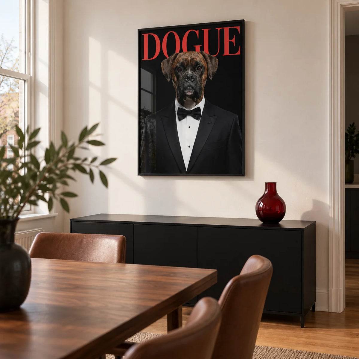Dogue Poster, framed on the wall of a modern dining room in a UK maisonette with a warm white wall and oak floor