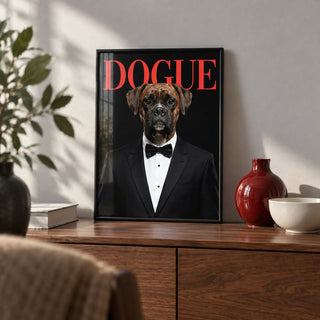 Dogue Poster, a small A4 framed print leaning on a walnut sideboard in a living room