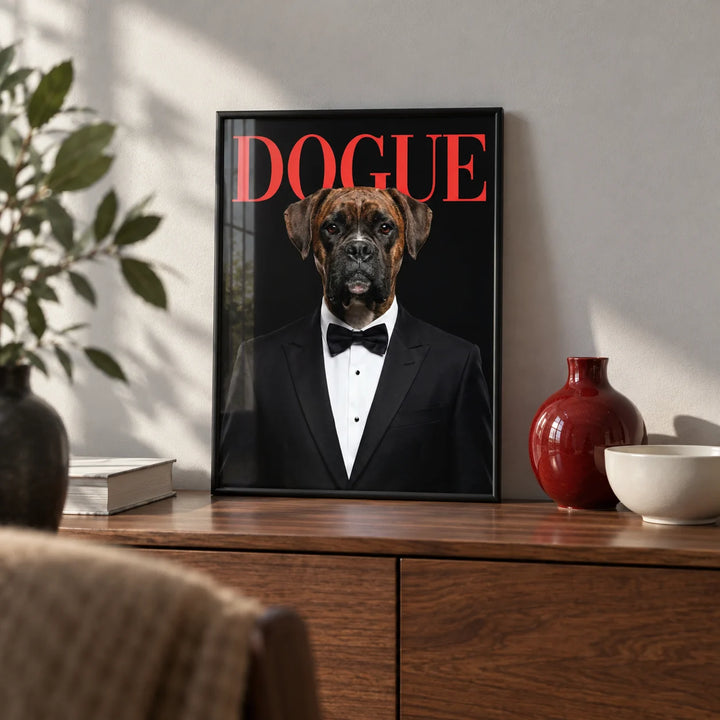 Dogue Poster, a small A4 framed print leaning on a walnut sideboard in a living room