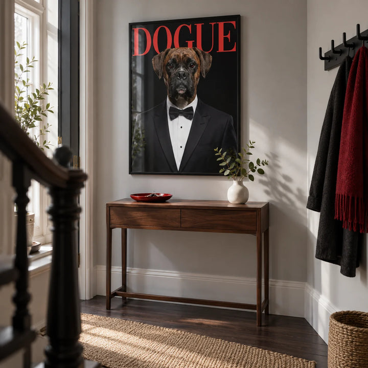 Dogue Poster, framed on the wall of a smart hallway in a renovated UK terrace with a pale grey wall and dark wood floor