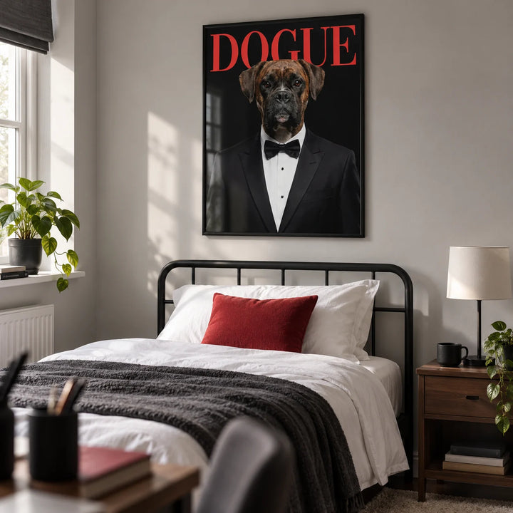 Dogue Poster, framed on the wall of a stylish single bedroom for a young adult (18-25) in a UK flat with a pale grey wall