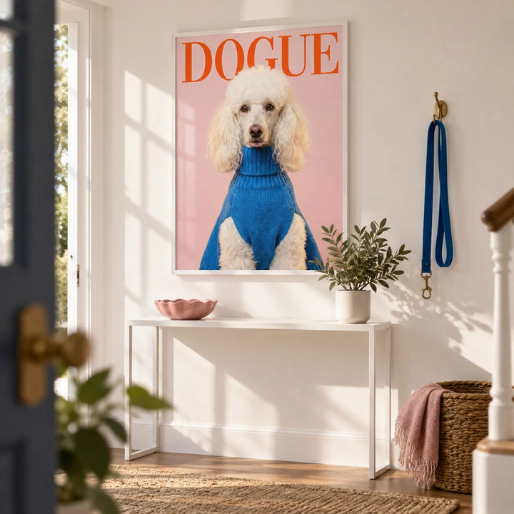 Dogue Poodle Print, framed on the wall of a bright hallway with a white wall
