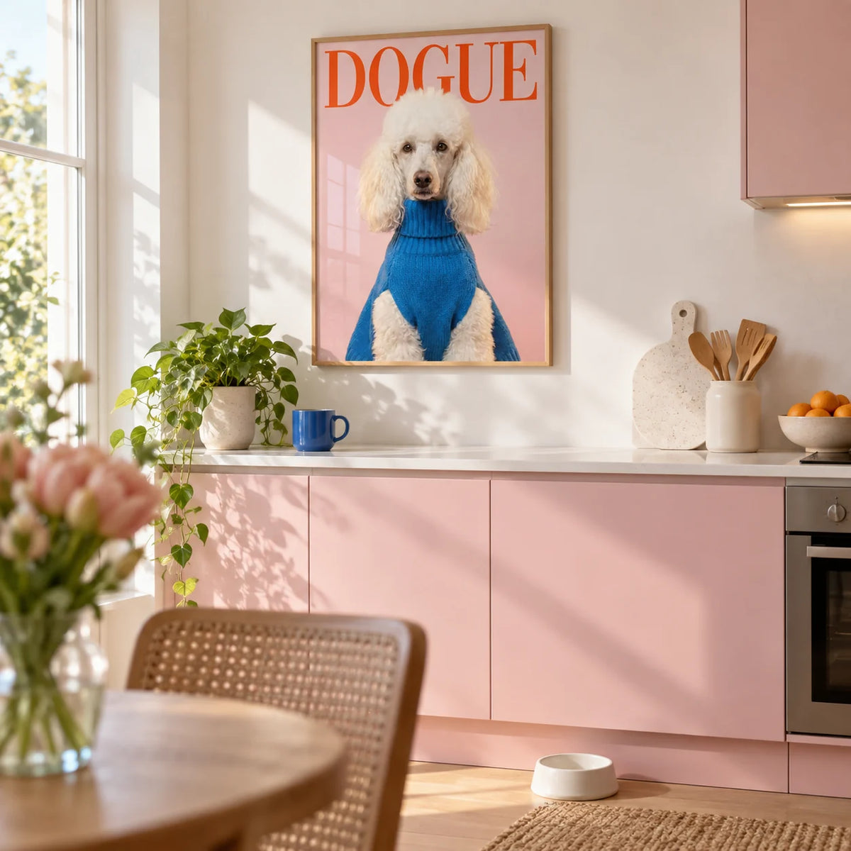 Dogue Poodle Print, framed on the wall of a bright kitchen with plain pastel pink cabinets and a white worktop