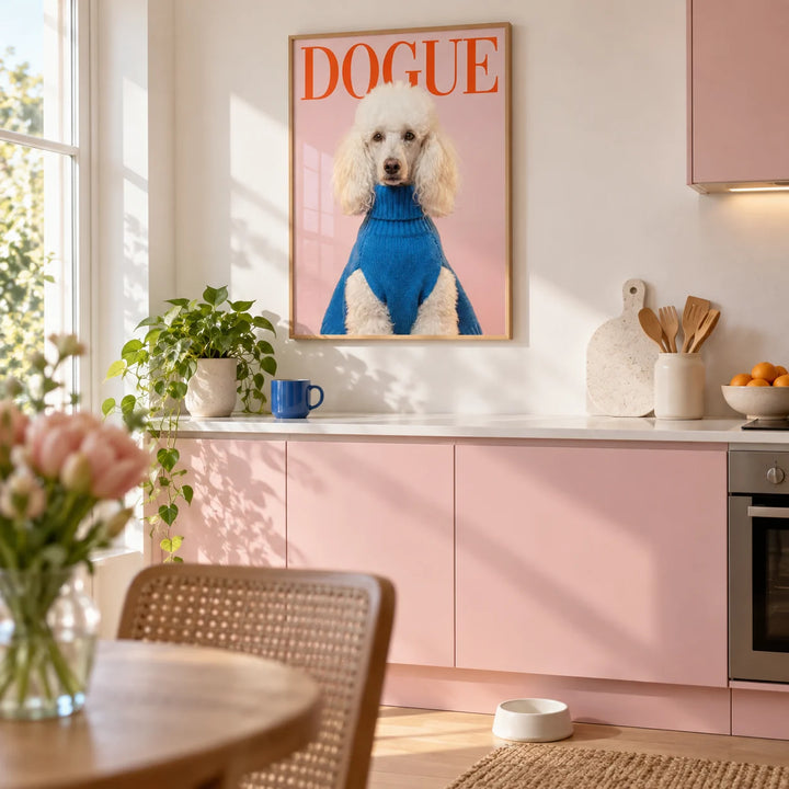 Dogue Poodle Print, framed on the wall of a bright kitchen with plain pastel pink cabinets and a white worktop