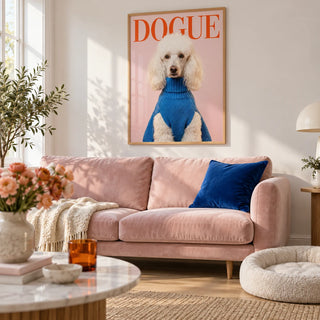 Dogue Poodle Print, framed on the wall of a bright modern living room with a white wall and a light oak floor