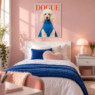 Dogue Poodle Print, framed on the wall of a fun single bedroom for a teen girl (13-17) with a soft pink wall
