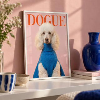 Dogue Poodle Print, a small A4 framed print leaning on a white shelf in a living room